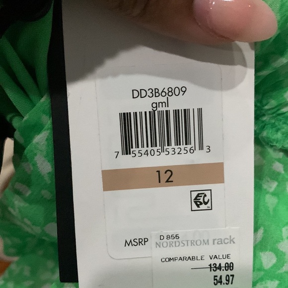 DKNY Puff Sleeved Ruffle Green Spotted White Midi Dress - Picture 7 of 7